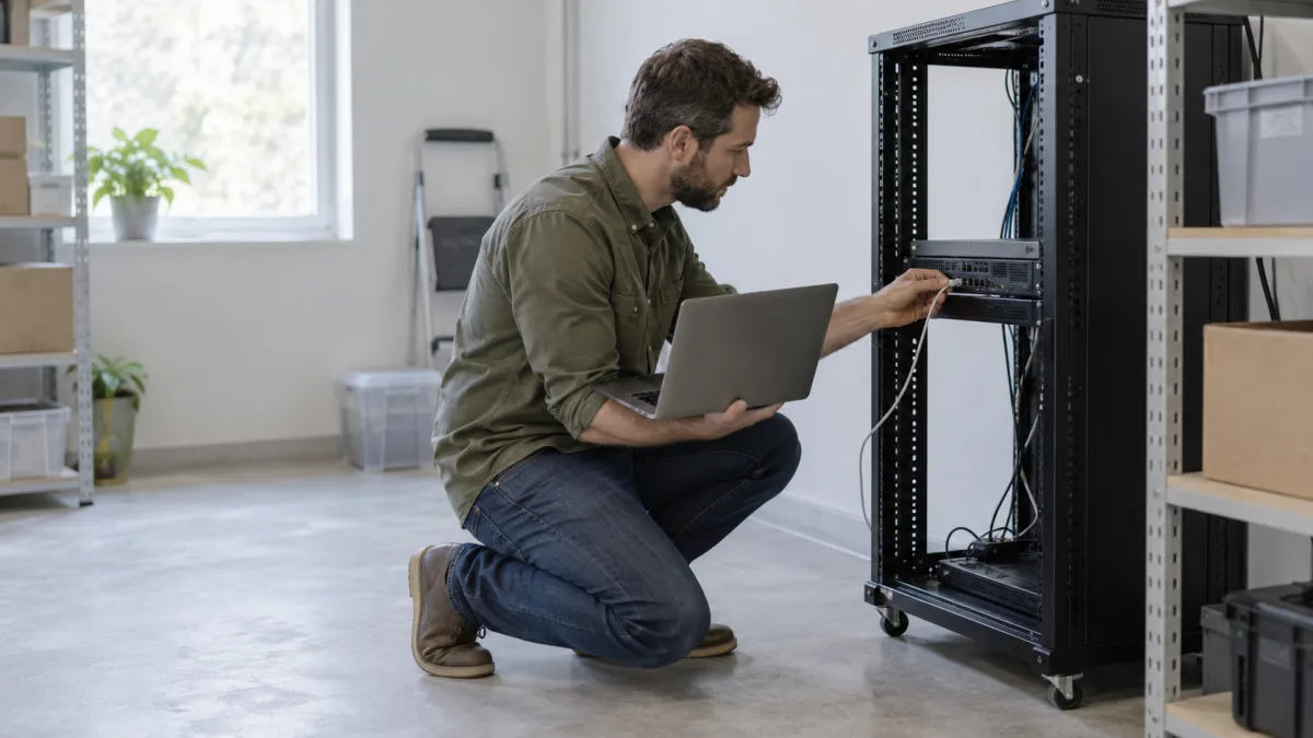 An engineer checks a small office server and cabling prepared for a self-hosted deployment