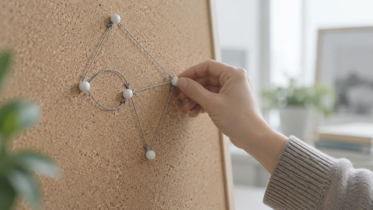 Pins and thread on a corkboard form a looping flow, a physical stand-in for stateful graph orchestration