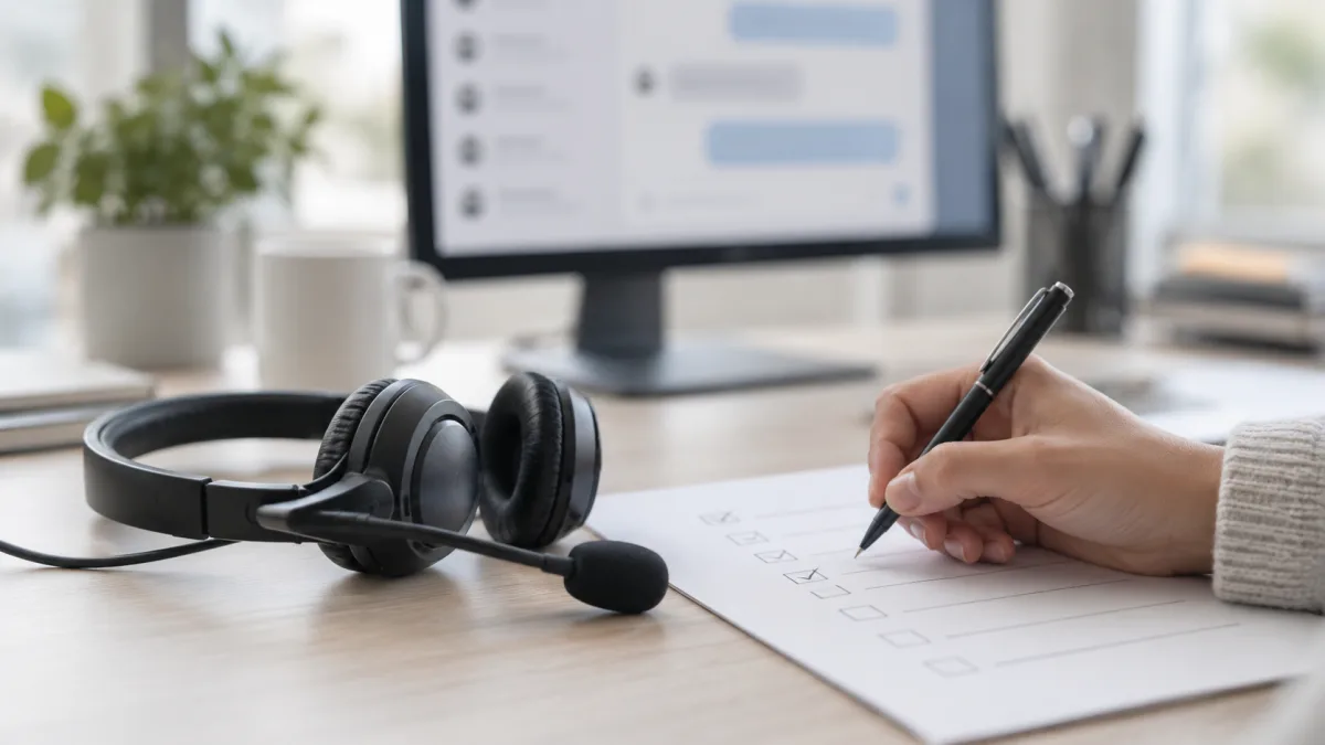 A support team reviews test logs of bot-to-human handoffs at their desks
