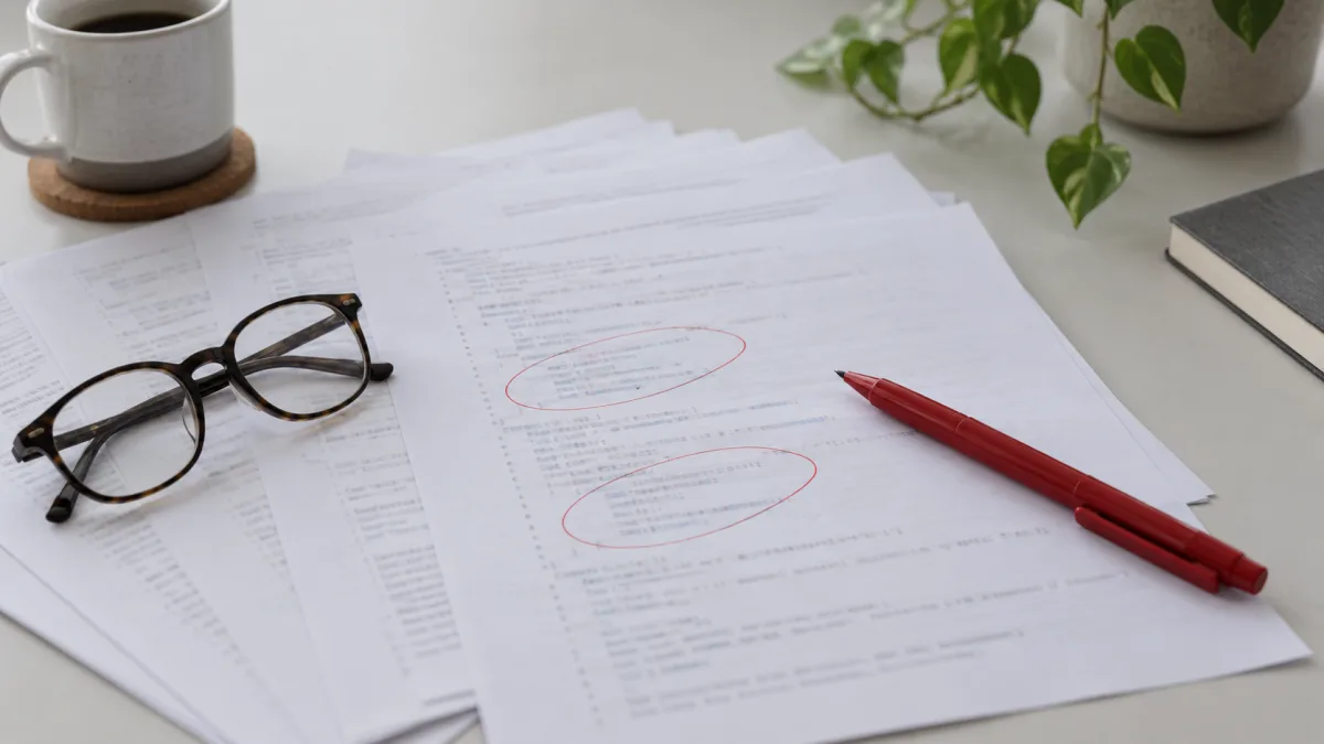A code printout with problem lines circled in red pen