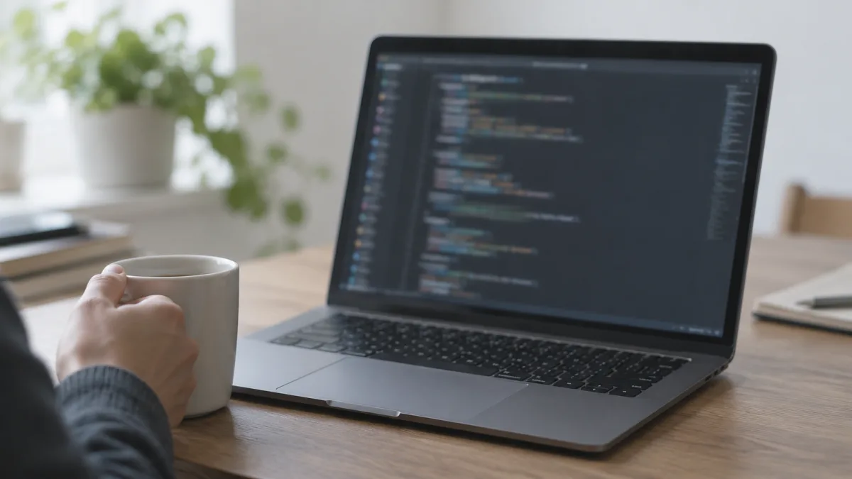 A developer reads review comments line by line on a laptop