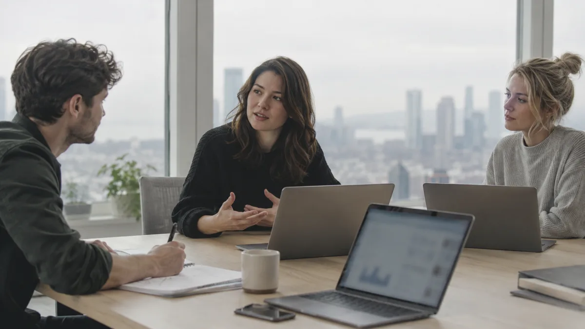 A team gathers around a table in a city office to discuss a product plan