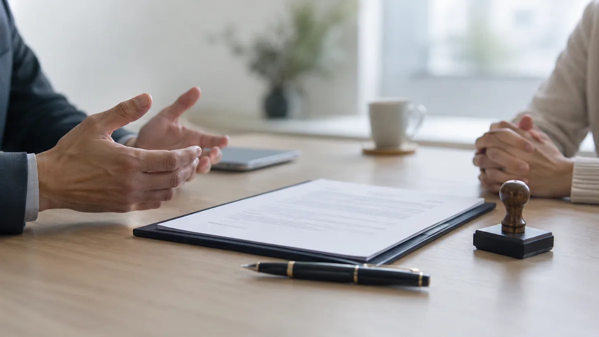Company structure documents and a stamp on a meeting table, reflecting an organizational restructuring