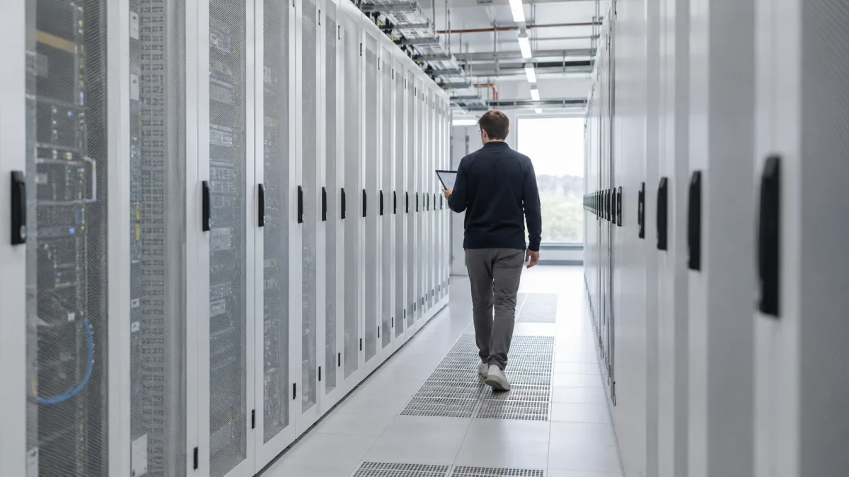 Neat rows of racks in a data center aisle, a sign of a newcomer rapidly building compute