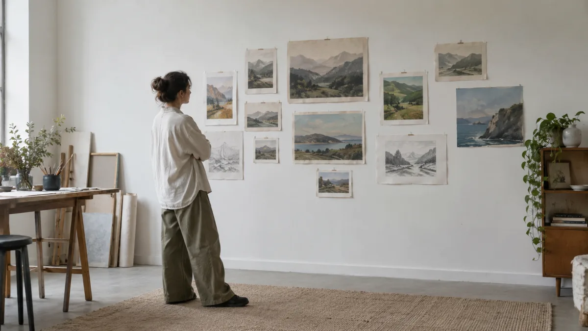 Concept art drafts in several styles pinned to a studio wall