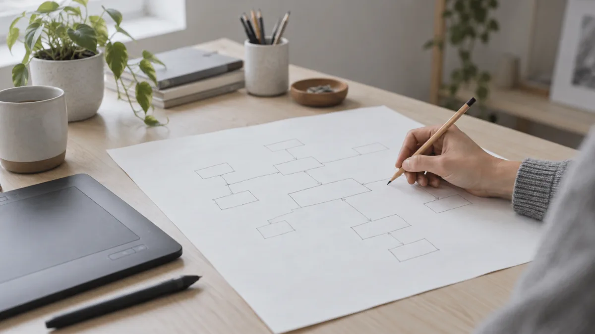 A designer sketches a node-based image generation workflow on paper