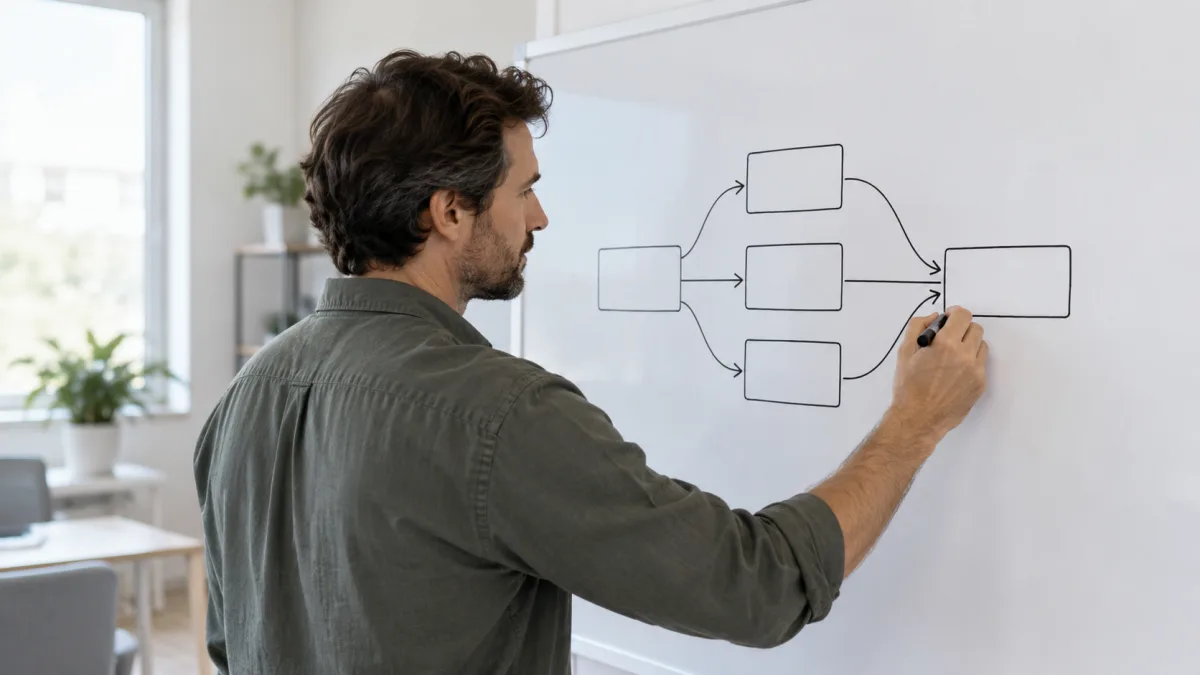 An engineer splits up tasks among multiple agents on a whiteboard