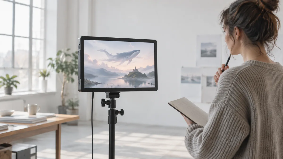 A creator plays back a surreal generated video on a preview monitor