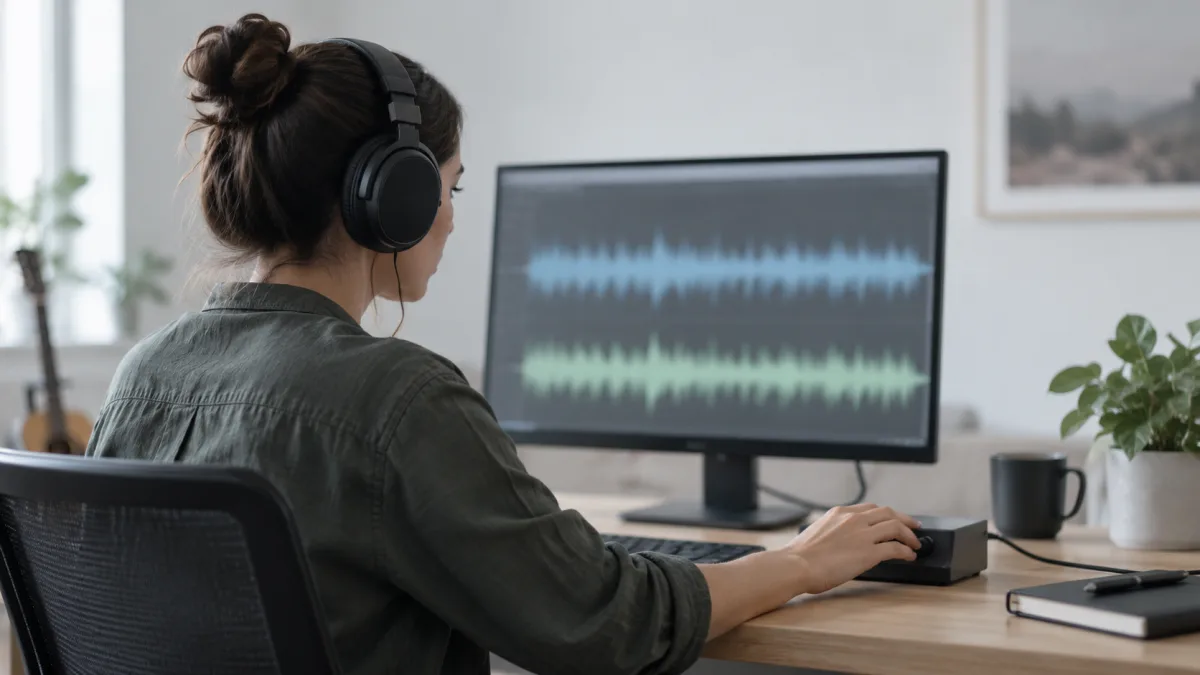 An editor compares the waveforms of two synthetic voice clips through headphones