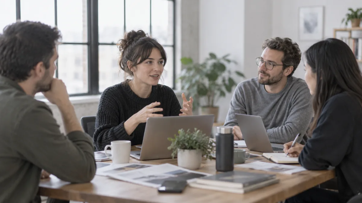 An editorial team discusses scores for each writing tool