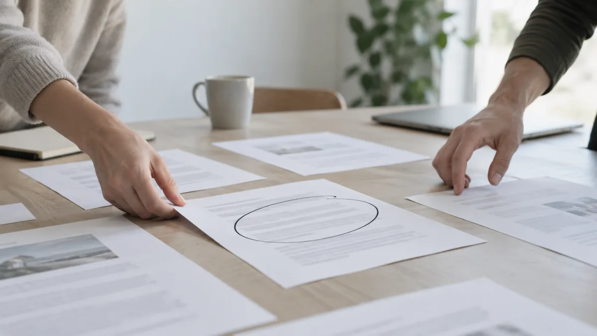 A marketing team prints several copy variations to choose from