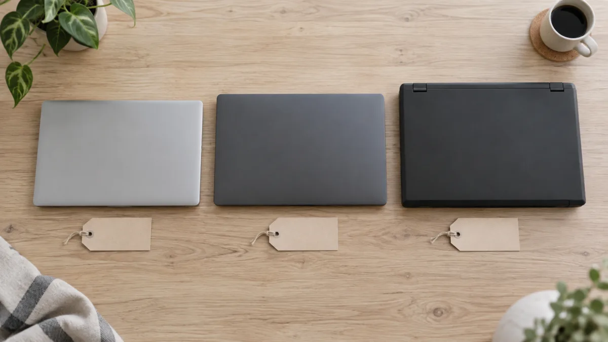 Three laptops at different price tiers lined up for comparison