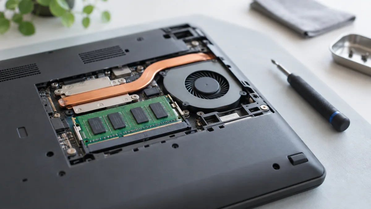 The memory and chip area on an opened laptop motherboard