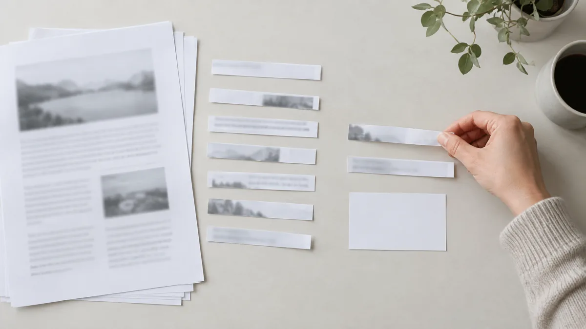 A long document cut into paragraph cards and selected per question, an analogy for retrieval-augmented generation
