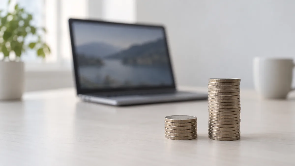 A small coin stack against a tall one, illustrating the inference cost advantage of a low-priced model