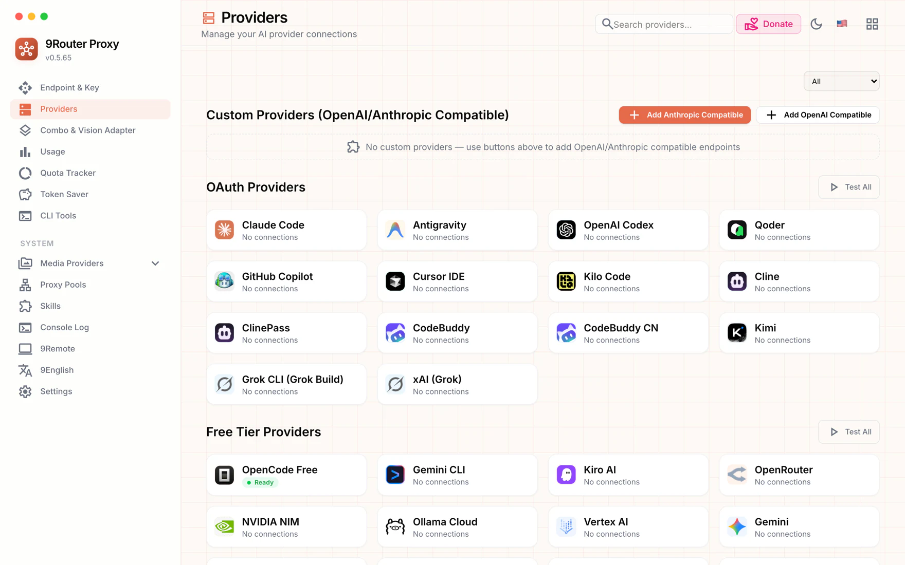 9Router 后台 Providers 页面，分为 Custom Providers、OAuth Providers、Free Tier Providers 三组，OAuth 组里排列着 Claude Code、Antigravity、OpenAI Codex、Qoder、GitHub Copilot、Cursor IDE 等卡片，多数显示 No connections