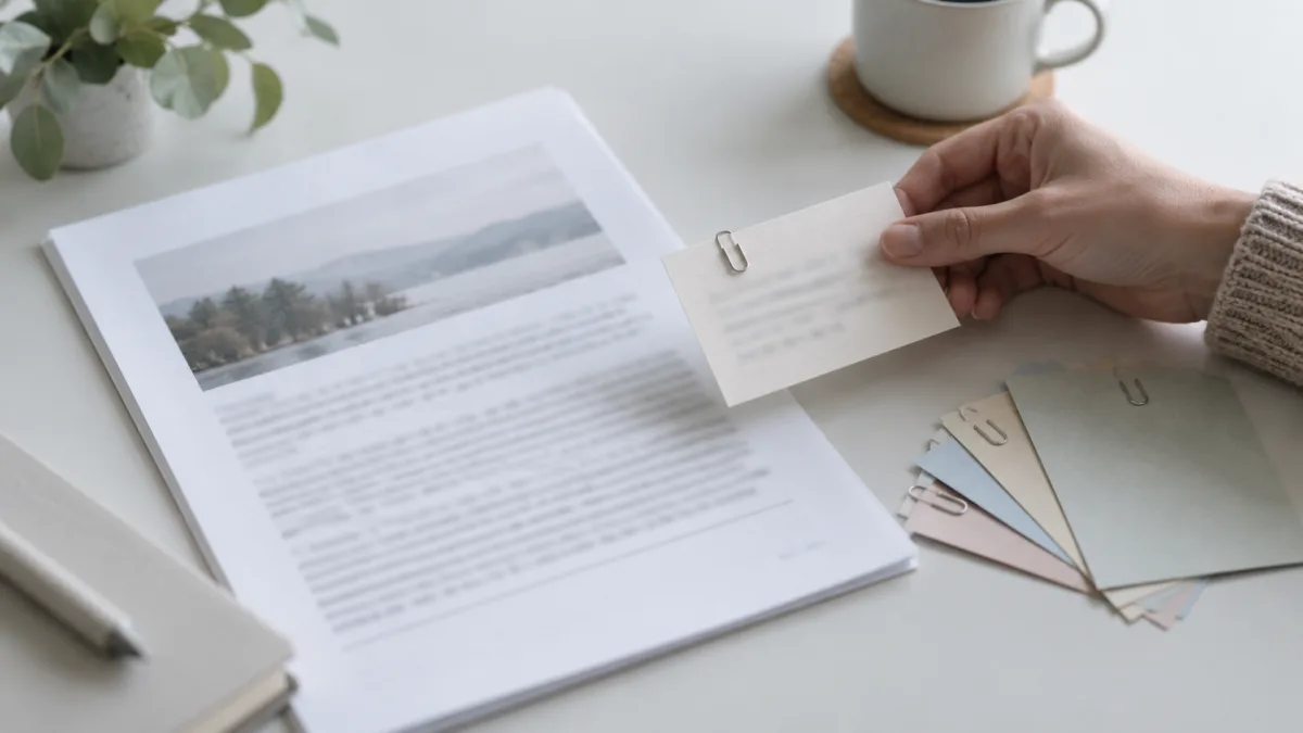 A research report laid out next to source cards for line-by-line verification