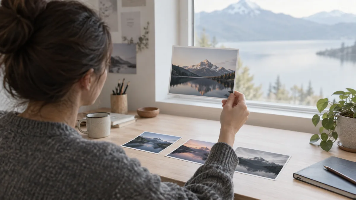 A designer lays out several images made from the same template to pick one