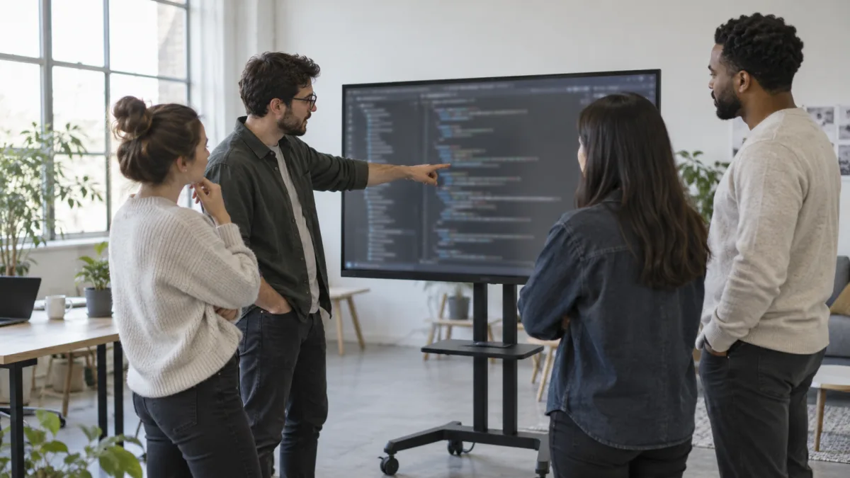 A team discusses how to use coding assistants together in front of a screen