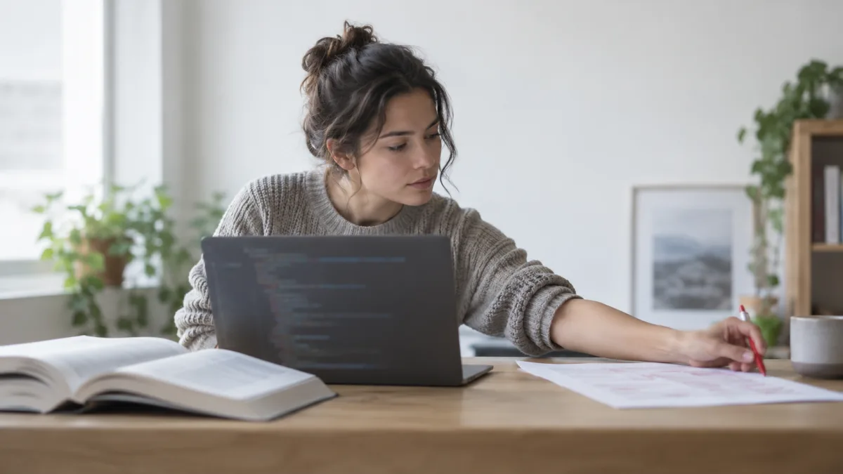 A desk flow from research to coding to review