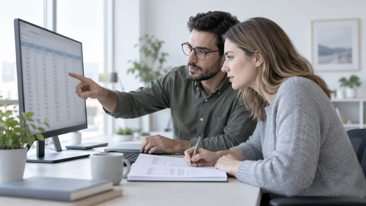 Colleagues gather at a computer to confirm what each table column means