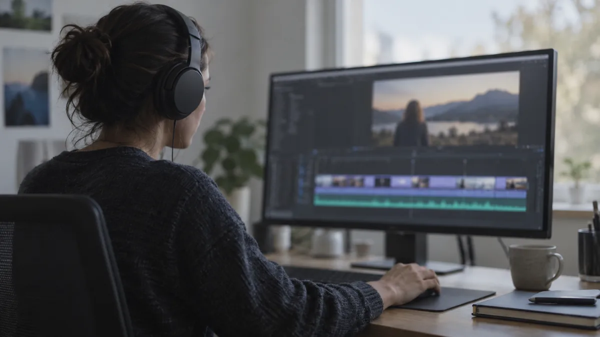 An editor aligns the voice track with the picture at a computer