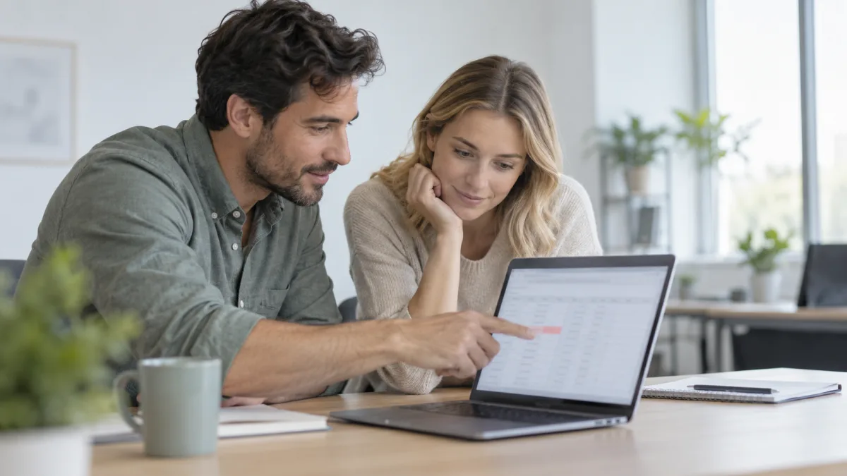 Two colleagues look into a formula error in a spreadsheet
