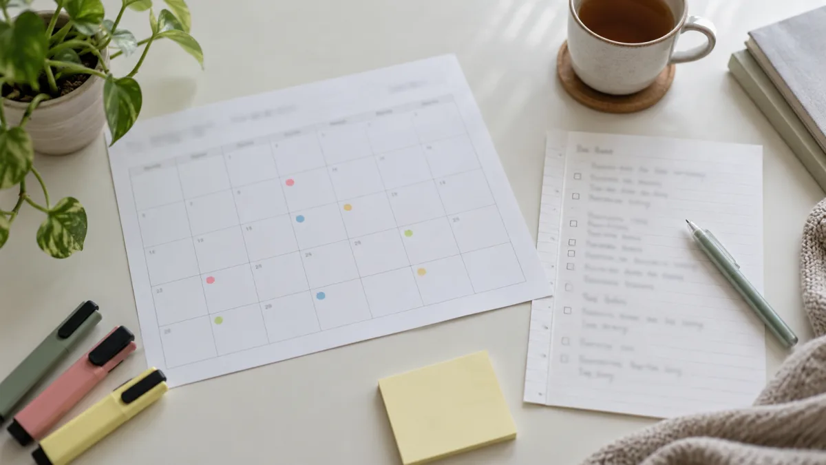 A revision plan and calendar on a desk