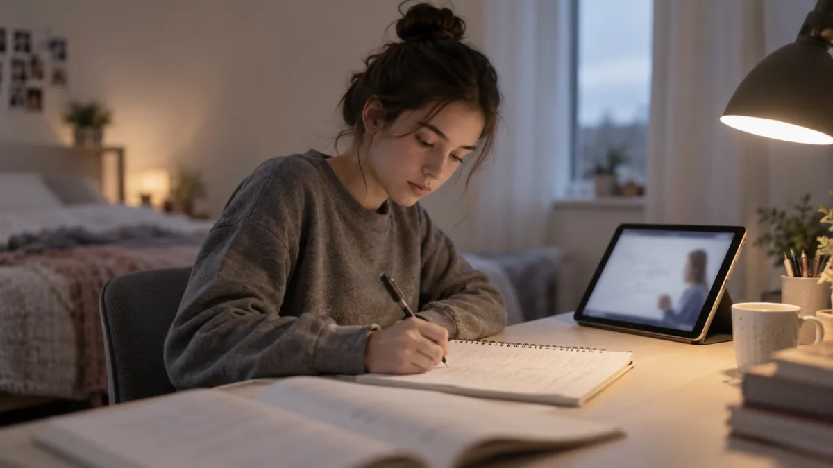 A student explains a missed problem to themselves under a desk lamp