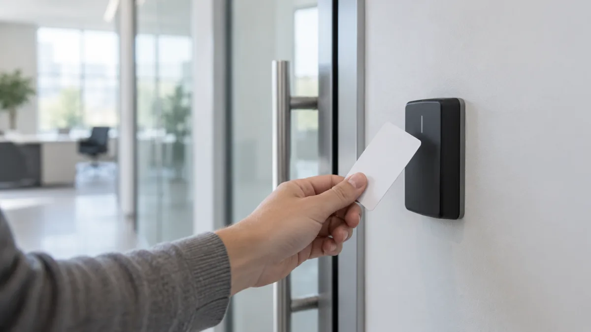 A badge reader at a door where only authorized people pass, matching permission boundaries
