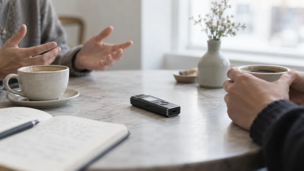 A reporter conducts a face-to-face interview with a voice recorder