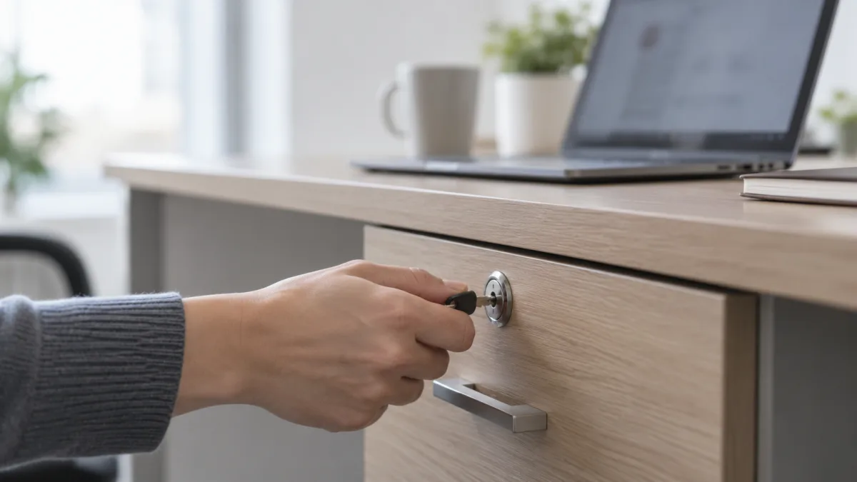 An employee locks sensitive files in a drawer before working on the computer