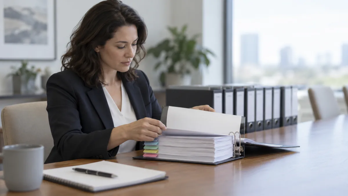 A compliance officer goes through audit binders to make sure every decision is traceable