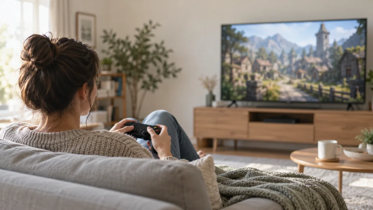 A player talks with an in-game character in the living room