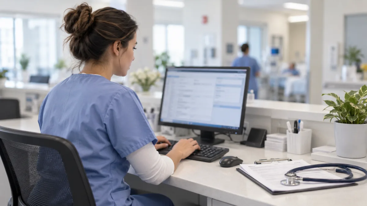 At a nurse station, staff organize the day's records in the system