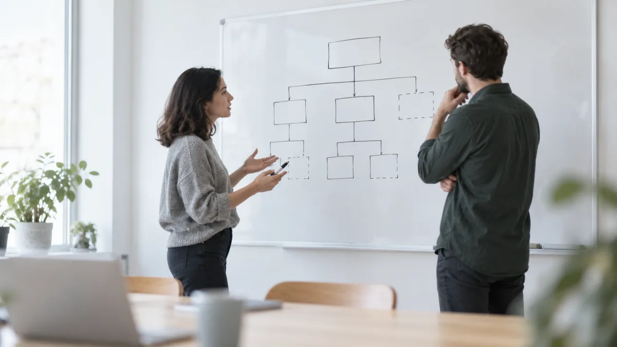 A team redraws roles and responsibilities on a whiteboard