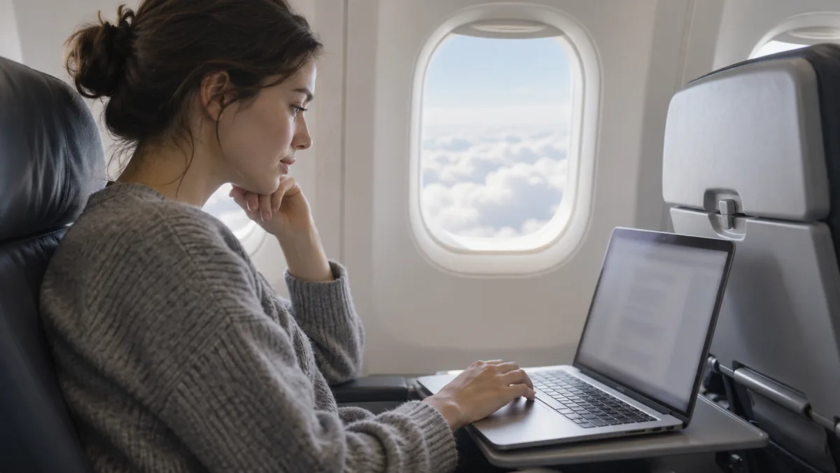 Working on documents offline on a laptop during a flight