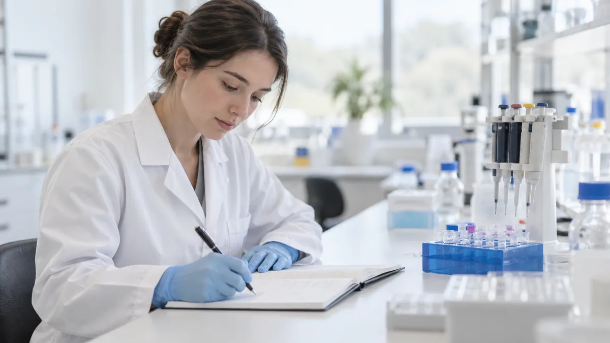 In a lab, a researcher logs experimental data in a notebook and double-checks it