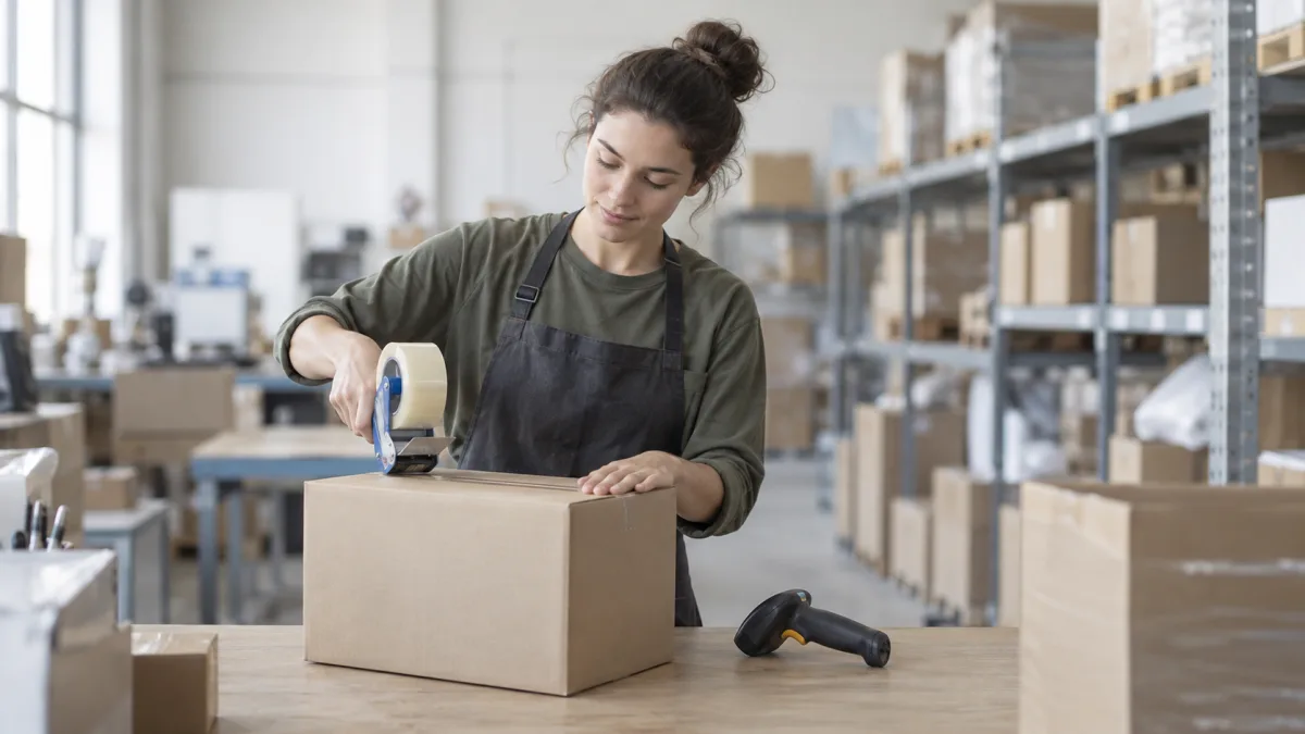 After an online order is placed, a warehouse worker packs it for shipping
