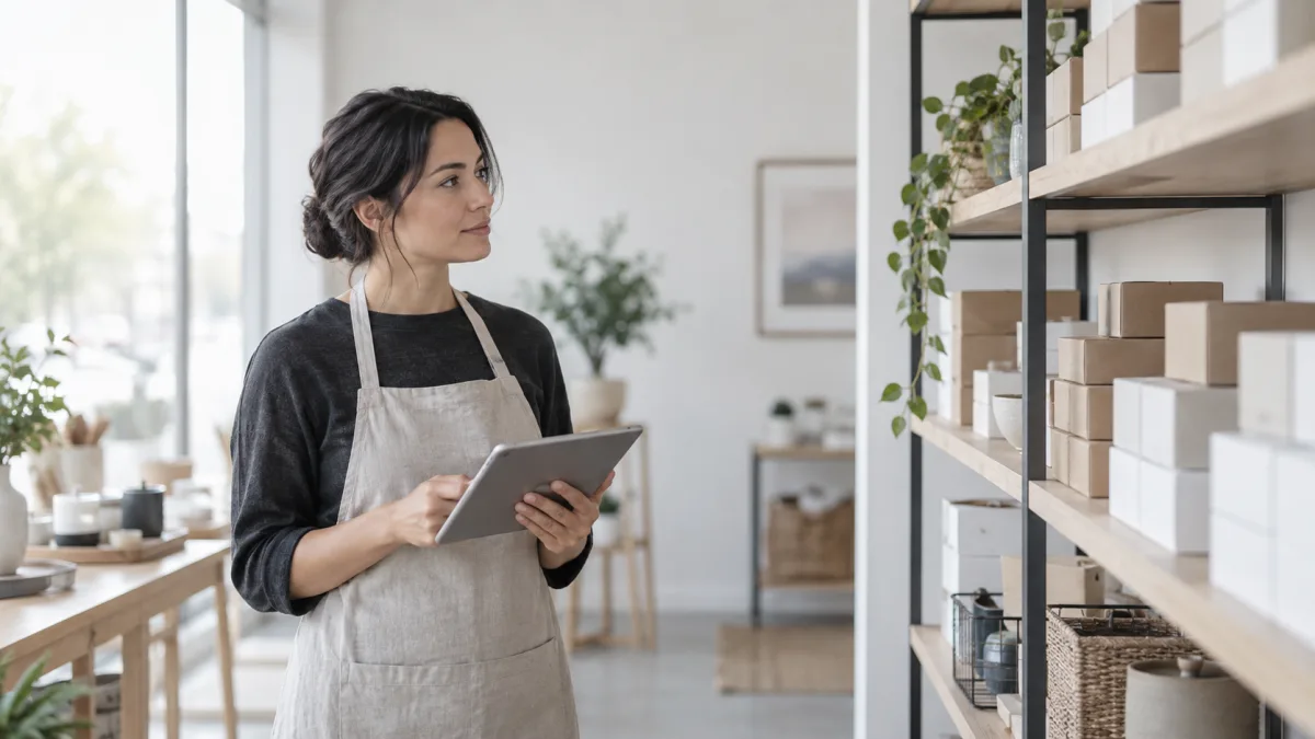 A shop owner checks shelf inventory with a tablet