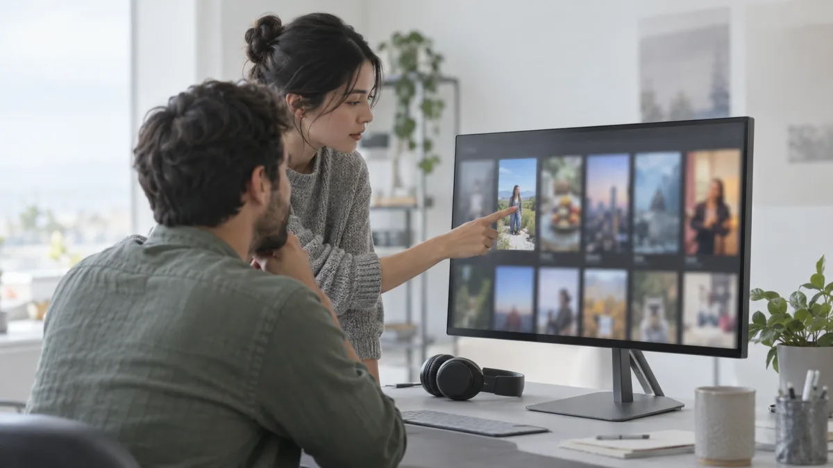 A team compares several versions of an ad clip on screen