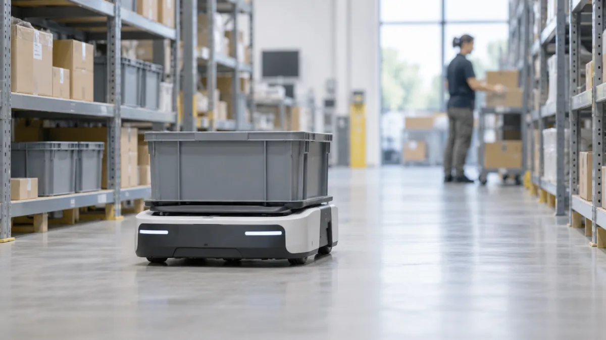 A mobile robot carrying a tote along a warehouse aisle