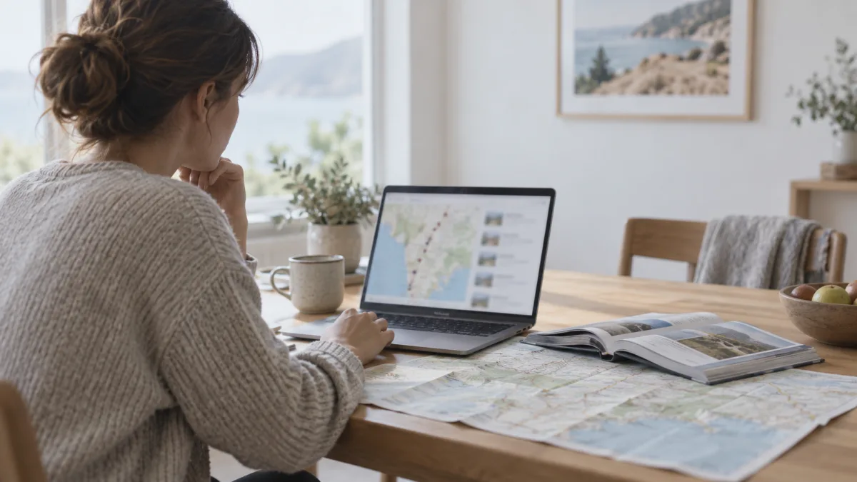 From searching to booking, a person finishes trip planning on a laptop