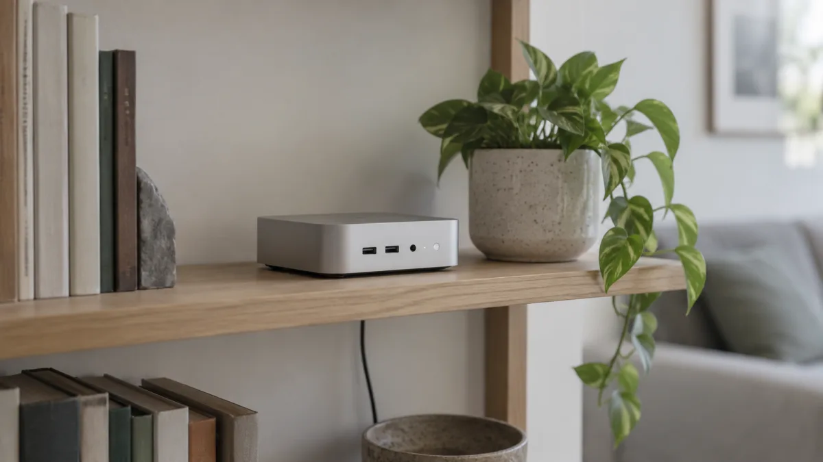 A mini PC on a bookshelf runs a personal knowledge base
