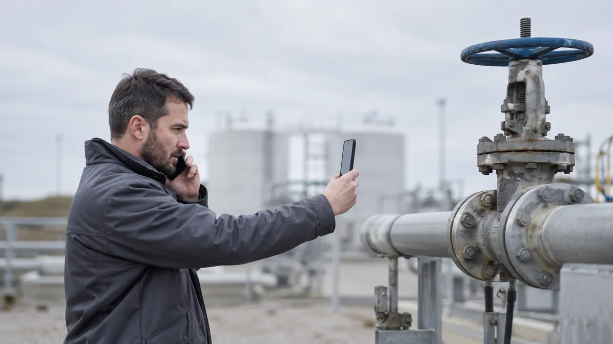 A field worker photographs equipment and asks a question by voice