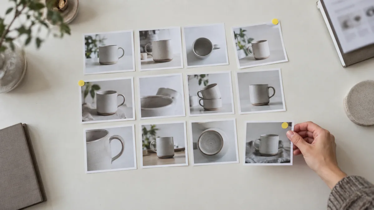 A batch of generated images spread on a table, with the usable ones picked out