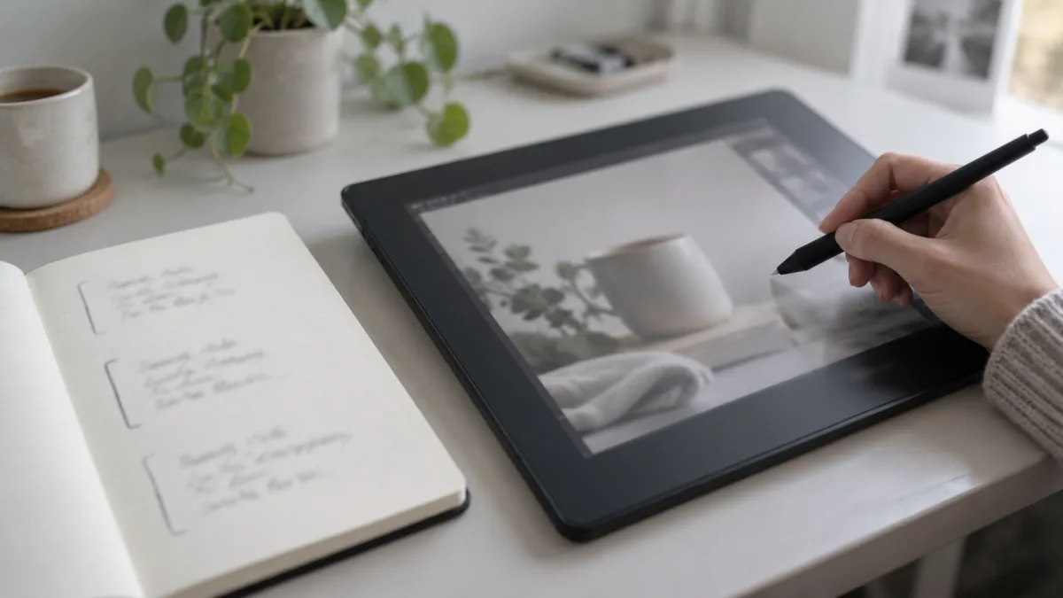 A designer writes a prompt broken into subject, style and lighting in a notebook