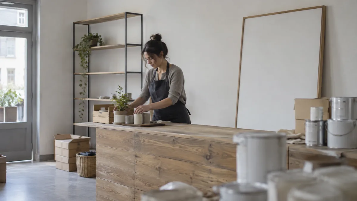 A shop owner sets up the counter in a small store getting ready to open