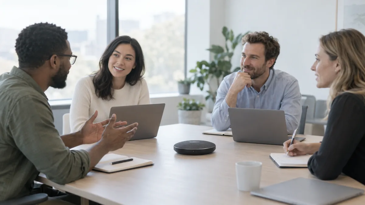 A team meeting with a recorder on the table so minutes can be organized afterward