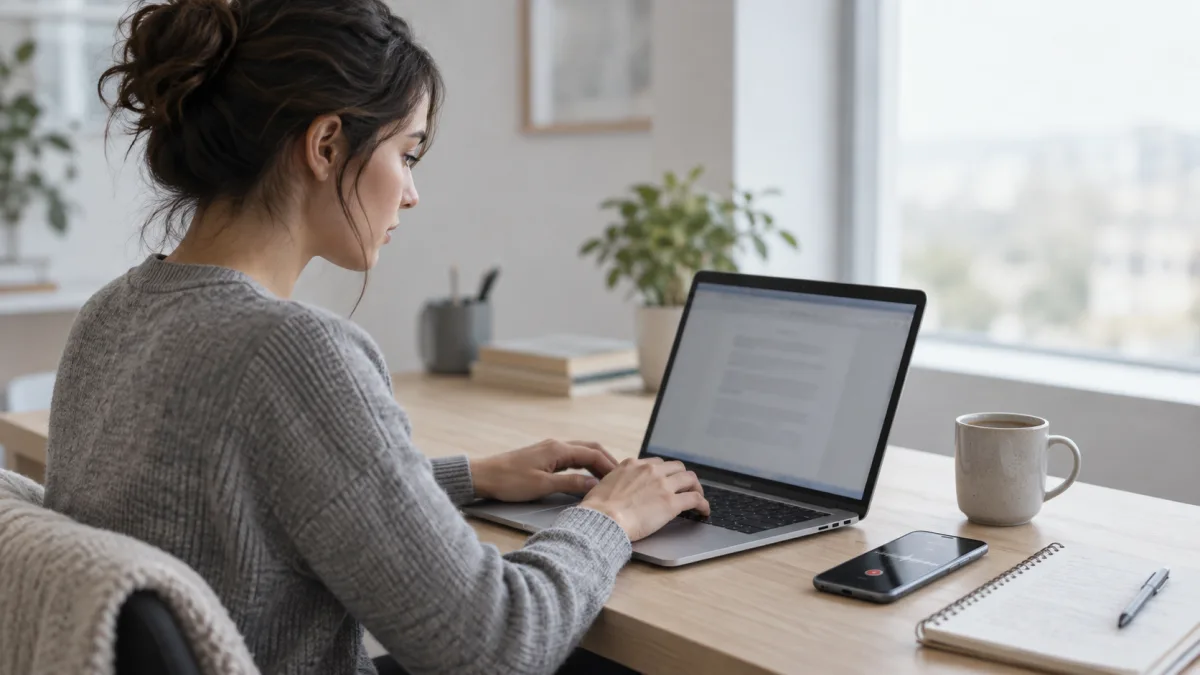 An office worker handles meeting minutes and documents at a desk